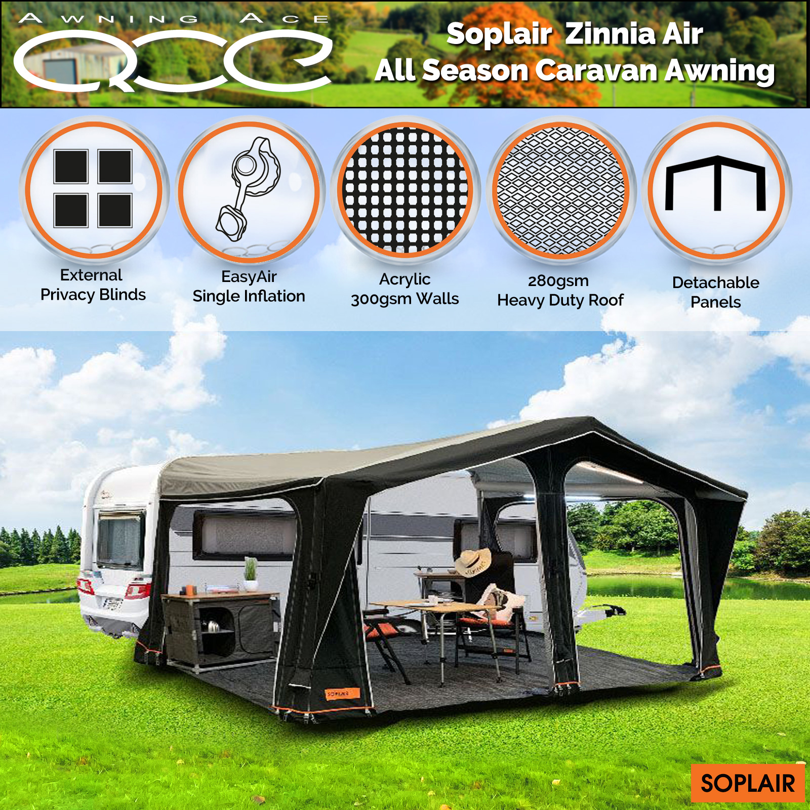 Soplair Zinnia Air Acrylic All Season Inflatable Awning 