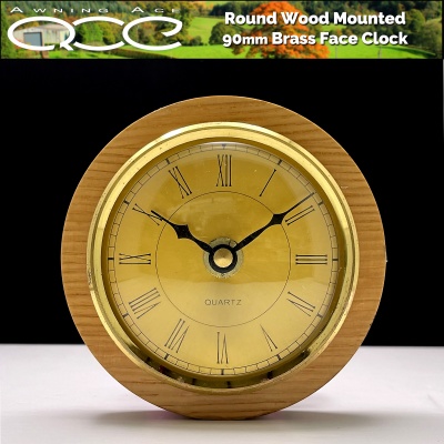 Caravan Clock Round 90mm Brass Face Wood Mounted